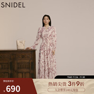 SNIDEL秋冬甜美碎花系帶收腰百褶雪紡連衣裙SWFO245033 粉米色 L （2）