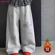 米奇丁當（MIQIDIDA）米奇丁當女童休閑衛褲秋冬2025新款貓咪印花闊腿褲大童冬季寬松褲 灰色KT小貓加絨加厚 110
