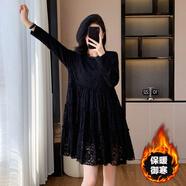 秋冬大碼女裝胖妹妹減齡遮肚打底裙顯瘦中長(cháng)款加絨加厚蕾絲連衣裙 圖片色 L 大碼