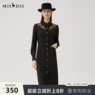 謎底刺繡連衣裙長(cháng)袖女2024秋款復古文藝修身襯衫式長(cháng)裙248ML8301 黑色 L