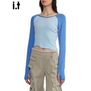 GROUND ZERO【明星同款】i.t香港潮牌長(cháng)袖T恤女修身新款個(gè)性不對稱(chēng)時(shí)尚上衣 藍色 S 90-100斤/155-165cm