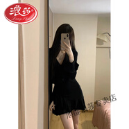 浪莎純欲風(fēng)辣妹性感V領(lǐng)針織連衣裙女秋冬新款荷葉邊喇叭袖修身小黑裙 黑色短裙 S【高級感穿搭小個(gè)子/歐美裙子/