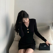 2025年秋新氣質(zhì)名媛性感長(cháng)袖V領(lǐng)針織修身顯瘦包臀OL連衣裙女 黑色 S