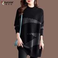 啄木鳥(niǎo)加厚中長(cháng)款毛衣女2025秋冬新款時(shí)髦寬松通勤慵懶風(fēng)針織打底衫上衣 黑色（橫條鉆）精品 4XL 151-165斤