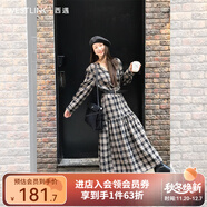 西遇（Westlink）格子連衣裙女2025年秋季新款復古長(cháng)袖蛋糕裙V領(lǐng)收腰長(cháng)裙子 黑+米色 預售15天 S 預售15天
