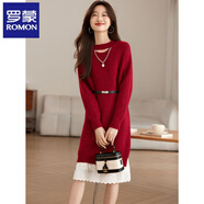 羅蒙（ROMON）羊毛針織連衣裙女秋冬新款洋氣蕾絲設計感腰帶收腰打底毛衣裙子 紅色 S