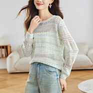 SATCHI寬松鏤空圓領(lǐng)長(cháng)袖薄款針織衫罩衫2025年秋裝新款時(shí)尚氣質(zhì)毛衣女 花米色 M 95-110斤】