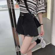 小紅書(shū)同款牛仔短褲女2025年夏季新款毛邊破洞高腰褲子顯瘦闊腿a 黑灰色(橫雙排扣) S 建議[8090斤]
