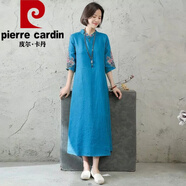 皮爾卡丹（pierre cardin）文藝復(fù)古民族風(fēng)上衣女刺繡花棉麻連衣裙盤扣立領(lǐng)五分袖連衣裙女裝 藍(lán)色 XL 115-130斤