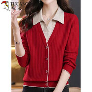 啄木鳥(niǎo)（TUCANO）翻領(lǐng)假兩件襯衫針織衫大碼時(shí)尚氣質(zhì)中年女裝秋冬長(cháng)袖寬松洋氣毛衣 紅色薄 輕薄 均碼 建議80-140斤