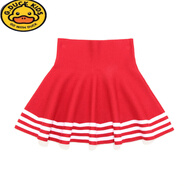 G.duck童裝女童半身裙秋冬百褶裙兒童短裙針織裙子寶寶蓬蓬裙中大童女裙 條紋大紅 150 cm 建議140-150cm年齡10-11
