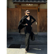 My Lady 黑色v領(lǐng)連衣裙女辣妹修身顯瘦感長(cháng)袖包臀長(cháng)裙赫本風(fēng) 連衣裙+圍巾 S