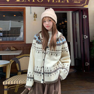 紫淑（Sweet basil）費爾島毛衣女冬季寬松杏色高級感復古連帽針織開(kāi)衫外套上衣 杏色 均碼  建議85-125斤