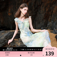 三彩2025夏季新款系帶V領(lǐng)荷葉邊暈染印花雪紡連衣裙長(cháng)裙 綠米花卉 M 160/84A