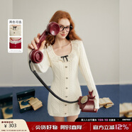 UNIFREE長(cháng)袖針織連衣裙女蕾絲拼接撞色復古收腰顯瘦裙子 杏色 S