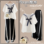 小紅書(shū)爆款韓國風(fēng)格初高中女生時(shí)尚海軍領(lǐng)短袖襯衫休閑褲套裝 [白底藏青蝴蝶結短袖+2479冰絲褲 L[105-115斤] 均碼