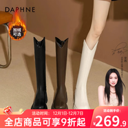 達芙妮厚底V口長(cháng)筒靴女2025秋冬爆款女靴高筒靴顯瘦百搭增高騎士靴子女 黑色【加絨款】 37