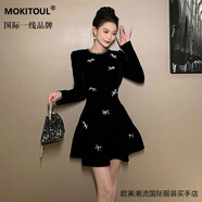 MOKITOUL國際一線(xiàn)品牌歐洲洋裝女秋冬感御姐獨特別致絕美赫本風(fēng)小黑裙 黑色 S