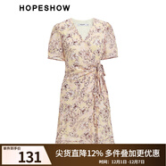 紅袖（hopeshow）夏季新款女裝花卉印花荷葉邊系帶短袖V領(lǐng)茶歇連衣裙 粉桔花660 S