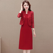 夏典素訂女王喜婆婆媽m媽婚宴裙子2025春秋新款改良兩件套蕾絲旗袍連衣裙女 紅色 2XL 【建議105-120斤】