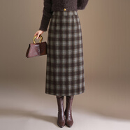 ARMANI EXCHANGE輕奢2026新款直筒裙高腰開(kāi)叉一步裙女復古格子包裙半身裙冬季裙子 咖格 M