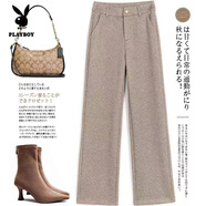 花花公子（PLAYBOY）直筒褲女秋冬裝2025新款毛呢高腰加厚休閑褲子氣質(zhì)百搭直筒褲子女 燕麥色-【九分褲不加絨】 3XL 建議135-145斤