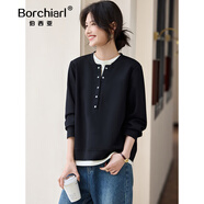 伯西亞品牌定制假兩件黑白拼接長(cháng)袖衛衣女春裝2025新款休閑寬松洋氣上衣 黑色 3XL 【150-165斤