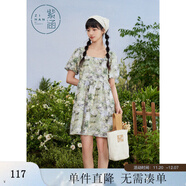 紫涵（ZIHAN）紫涵滿(mǎn)印花方領(lǐng)連衣裙女夏季森系田園風(fēng)寬松高腰短袖短裙 綠底印花 L