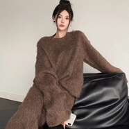 復古港風(fēng)套裝女長(cháng)袖寬松針織毛衣秋季高腰中長(cháng)款魚(yú)尾半身裙兩件套 咖啡色 衣長(cháng)76cm裙長(cháng)90cm S  建議80-90