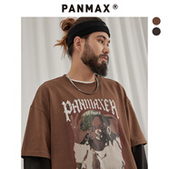潘·麥克斯（PANMAX）PANMAX大碼潮牌男裝美式高街休閑嘻哈潮流印花純棉假兩件長袖T恤 棕咖色 5XL