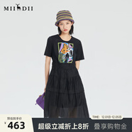 謎底夏新款甜美中長(cháng)裙拼接收腰圓領(lǐng)短袖高腰連衣裙235ML6011 黑色 S