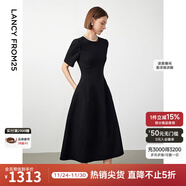 朗姿【Basic衣櫥】小香風(fēng)法式赫本風(fēng)波點(diǎn)小黑裙女收腰高智連衣裙 黑色 M