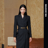 MAGGIE MA馬婧設計師款氣質(zhì)復古雙排扣豎條紋收腰西裝連衣裙010C 黑色 M