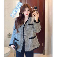 加厚小香風(fēng)毛茸茸外套女秋冬季新款韓系寬松顯瘦氣質(zhì)休閑毛呢大衣 灰色夾棉外套5013 S