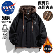NASA MARVEL夾克男秋冬季連帽假兩件外套加絨防風(fēng)寬松情侶裝 黑色加絨 2XL