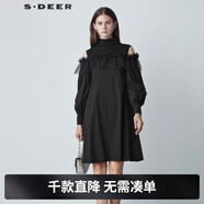 S.DEER圣迪奧2022女裝春夏半高領(lǐng)露肩網(wǎng)紗不規則通勤休閑ol長(cháng)袖連衣裙 黑色/91 S/160