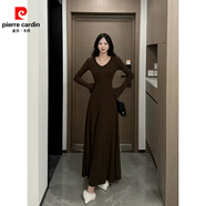 皮爾卡丹（pierre cardin）棉磨毛高品質(zhì)咖色長(cháng)款針織連衣裙細腰喇叭袖時(shí)尚收腰修身2025秋冬 咖啡色 L