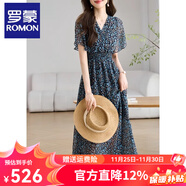 羅蒙（ROMON）連衣裙2025夏裝新款V領(lǐng)鏤空后背小心機碎花長(cháng)裙通勤氣質(zhì)優(yōu)雅雪紡 藍色 L  102-114斤