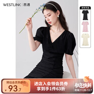 西遇V領(lǐng)泡泡袖連衣裙女2025年早夏新款法式褶皺收腰修身包臀裙子 黑色 S