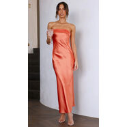 歐美2025春夏新款氣質(zhì)名媛緞面露背抹胸連衣裙印花 橘色 S