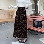 家隆名秀2025高腰亮片開(kāi)叉半裙女秋冬加厚性感黑色中長(cháng)款 咖啡色 L