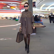 漢卿中夏裙子遮肚子減齡寬松顯瘦拼接炸街女裝秋冬高領(lǐng)歐美大碼連衣裙胖mm 咖啡色 2XL 建議140-155斤穿