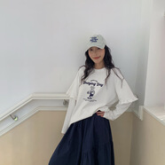 三棲虎小狗日記假二件休閑T恤女秋冬長(cháng)袖休閑寬松內搭減齡設計感上衣 小白 均碼