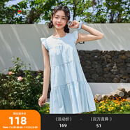 三福無(wú)袖連衣裙2025夏飛飛袖甜美寬松公主裙A字裙子娃娃裙女裝499690 粉藍色 S