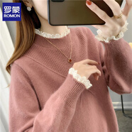 羅蒙（ROMON）蕾絲半高領(lǐng)女士加絨加厚毛衣秋冬季寬松針織洋氣打底衫百搭上衣 皮粉色  S 80-95斤