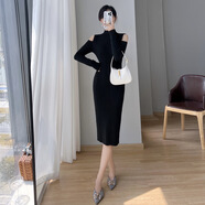 秋冬新款氣質(zhì)小心機中長(cháng)款過(guò)膝毛衣裙子露肩打底內搭針織連衣裙女 黑色 L