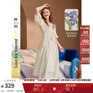 兩三事度假風(fēng)法式連衣裙女茶歇24夏季復古刺繡方領(lǐng)短袖裙子嗜好冷鳶 米杏色 S