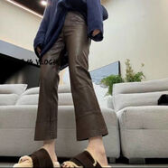 歐洲站大碼女新款時(shí)尚百搭九分蛋白皮皮啞光涂層PU皮微喇叭褲顯瘦 7381-咖啡色 L L碼建議100-115斤內