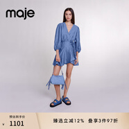 Maje博主同款春夏女裝藍色V領(lǐng)泡泡袖荷葉邊裙擺收腰修身連衣裙 藍色 L (40)