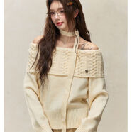 傲甜毛衣女韓系新款秋冬長(cháng)袖毛衣慵懶2025一字肩設計露背針織衫性感 米白色 M 95-105斤